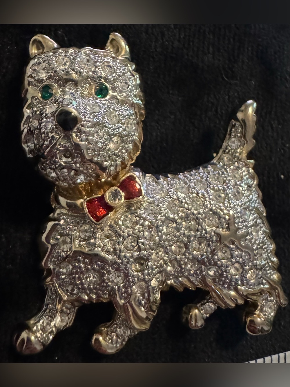 Vintage Crystal Pave Dog Brooch with Red Enamel Bow - Unbranded